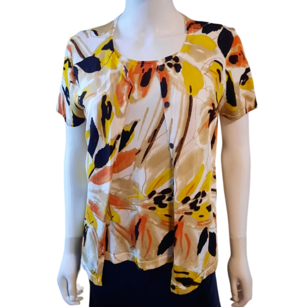 JONES NY Printed Knit Short Sleeve Cardigan & Tank Twin Set Sz PL Multicolor